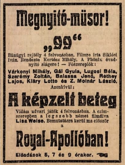 "99" (1918) - a Royal-Apolló hirdetése (Az Ujság, 1918. augusztus 31.).png